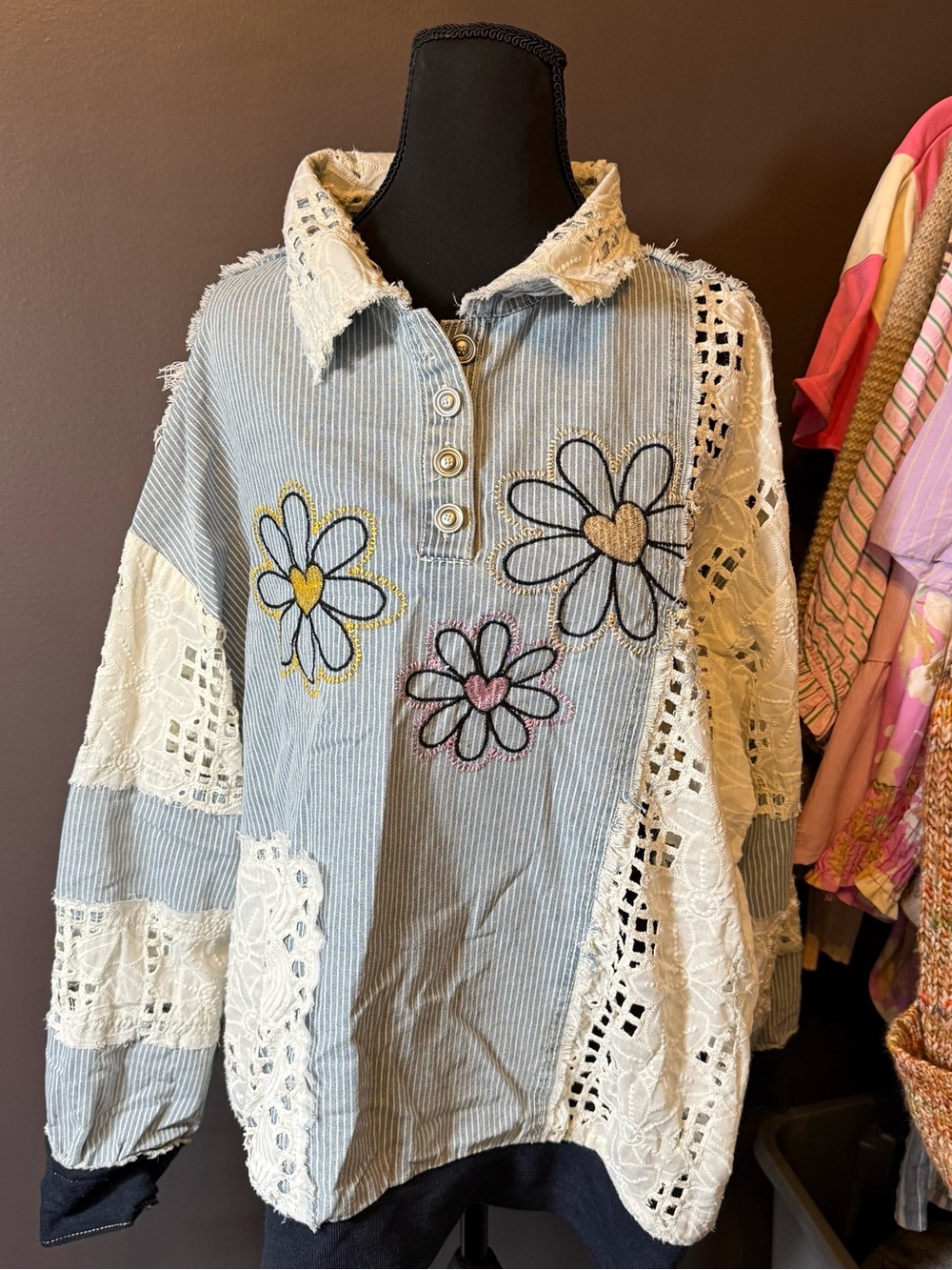 POL Light Blue Daisy Embroidered Lace Pullover